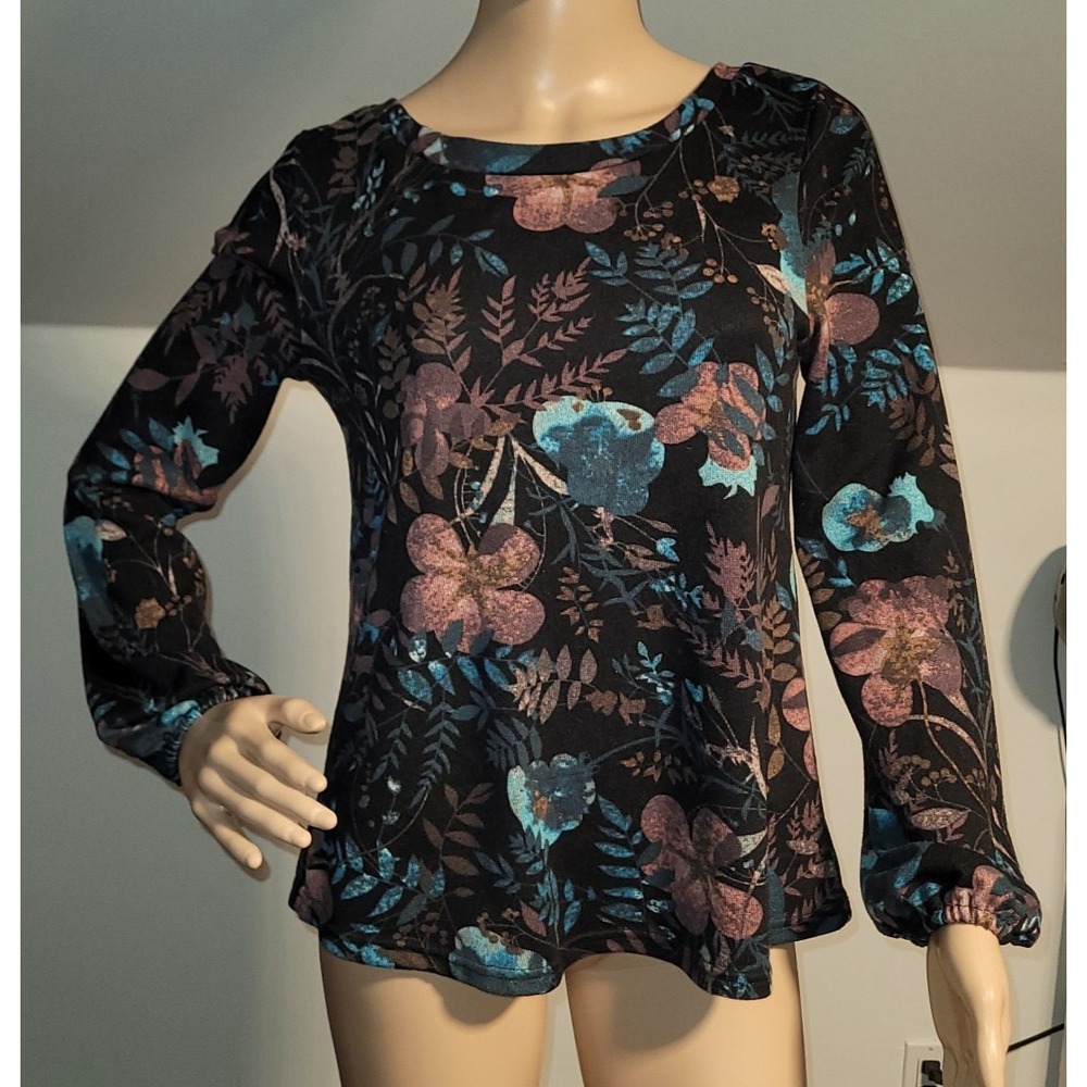 Warehouse One Floral Long Sleeve Top Open‎ Back Black Blue Purple Women's S